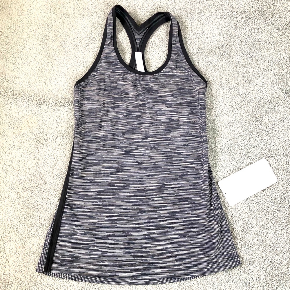 New NWT Lululemon Cool Racerback grey pattern black trim side strips tank top 6